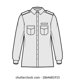Shirt military technical fashion illustration with epaulette, flaps angled pockets, long sleeve, relax fit, button-down, classic collar. Flat template front, grey color. Women men unisex top CAD