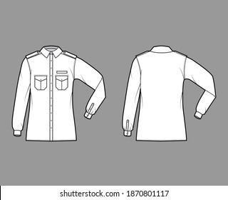 Shirt military technical fashion illustration with epaulette, flaps angled pockets, elbow fold long sleeve, relax fit, button-down. Flat template front, back white color. Women men unisex top CAD