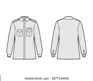 Shirt military technical fashion illustration with epaulette, flaps angled pockets, long sleeve, relax fit, button-down, classic collar. Flat template front, back, grey color. Women men unisex top CAD