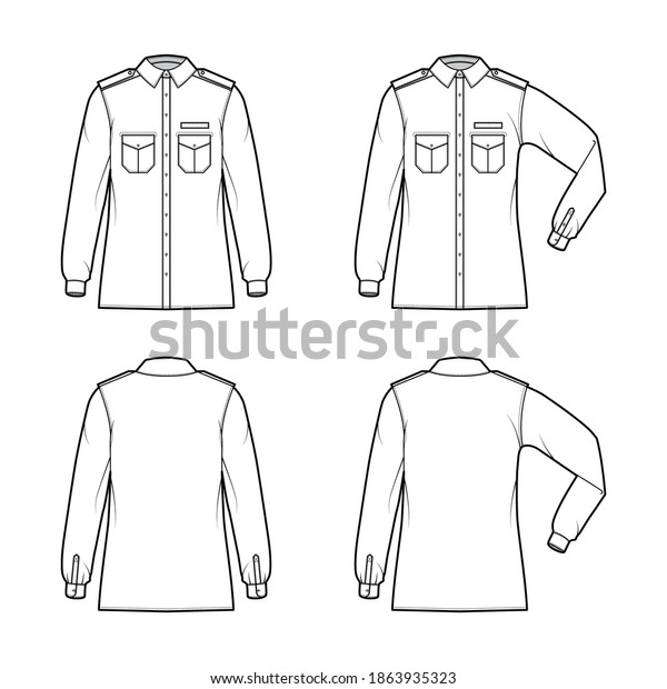Shirt military technical fashion illustration with\
epaulette, flaps angled pockets, elbow fold long sleeve, relax fit,\
button-down, collar. Flat template front, back white color. Women\
men unisex top