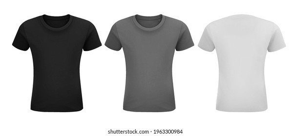 Shirt mock up set. Sport blank shirt template front and back view. Black, gray and white front design. Vector template.