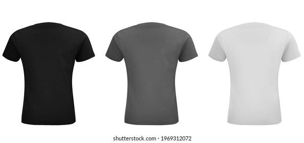 Shirt mock up set. Sport blank shirt template front and back view. Black, gray and white front design. Vector template.