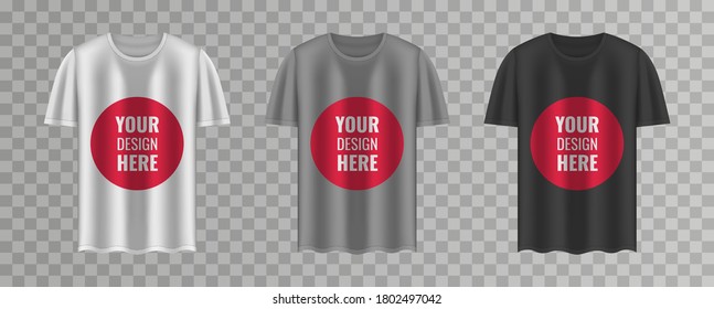 Shirt mock up set. T-shirt template on transparent background. Black, gray and white version, front design. Vector illustration.