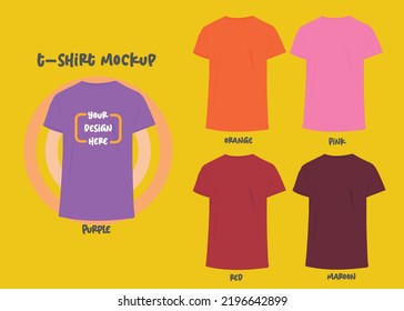 Shirt mock up set, T-shirt template, Purple, Orange, Pink, Red, Maroon, Front design, vector illustration