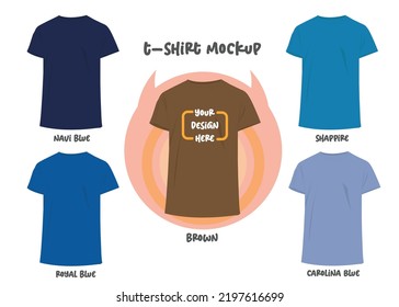 Montaje de maquetas de camisetas, plantilla de camiseta, azul, marrón, diseño frontal, ilustración vectorial