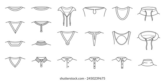 Shirt necklines. Pullover, t-shirt and sweatshirt neckline styles. Technical drawing templates, fashion clothes types elements decent vector set