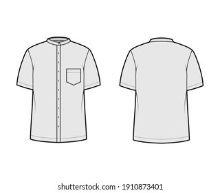 Shirt Nehru Collar Technical Fashion Illustration With Short Sleeves, Angled Pocket, Mandarin Neck. Flat Indian Jacket Apparel Outwear Template Front, Back, Grey Color. Women Men Unisex CAD Mockup