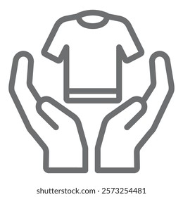 Shirt on hand palms line icon, laundry service concept. Vector graphics. Hands with shirt, clothes care sign on white background, outline style icon for mobile or web design