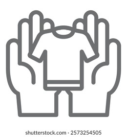 Shirt on hand palms line icon, laundry service concept. Vector graphics. Hands with shirt, clothes care sign on white background, outline style icon for mobile or web design