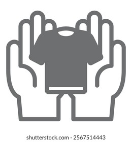 Shirt on hand palms solid icon, laundry service concept. Vector graphics. Hands with shirt, clothes care sign on white background, glyph style icon for mobile or web design