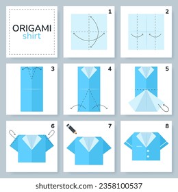 Shirt origami scheme tutorial moving model. Origami for kids. Step by step how to make a cute origami cloth. Vector illustration.