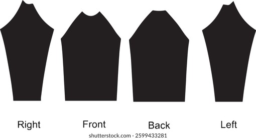 Shirt pattern diagram showing front, back, right, and left panels. Simple black shapes on white background