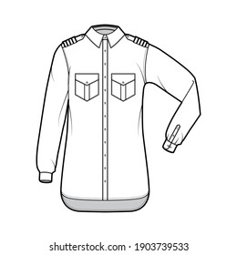 Shirt pilot airline technical fashion illustration with chevron, elbow folded long sleeves, angled flap pockets. Flat apparel top outwear template front, white color. Women men unisex CAD mockup