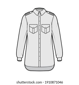 Shirt pilot airline technical fashion illustration with chevron, long sleeves with cuff, angled flap pockets. Flat apparel top outwear template front, grey color. Women men unisex CAD mockup