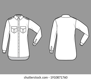 Shirt pilot airline technical fashion illustration with chevron, elbow folded long sleeves, angled flap pockets. Flat apparel top template front, back, white color. Women men unisex CAD mockup