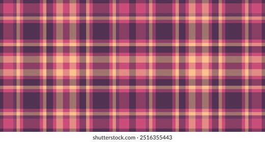 Camisa xadrez padrão sem costura, vetor tartan textura de serviço. Tecido de verificação têxtil de fundo do hotel na paleta de cores rosa e roxo.
