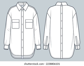 Shirt with pockets technical fashion Illustration. Shirt fashion technical drawing template, button closure front and back, cuffed long sleeve, front, back view, white, women, men, unisex CAD mockup.