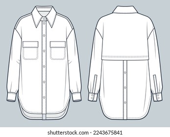 Shirt with pockets technical fashion Illustration. Shirt fashion flat technical drawing template, button closure, cuffed long sleeves, front and back view, white, women, men, unisex CAD mockup. 
