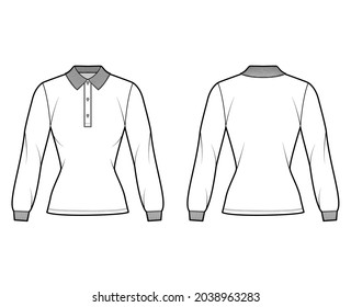 Shirt polo fitted body technical fashion illustration with long sleeves, tunic length, henley button neck, flat knit collar. Apparel top outwear template front, back, white color. Women men CAD mockup