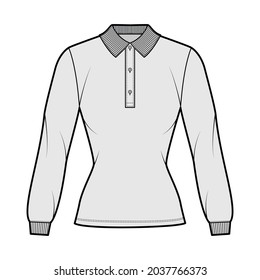 Shirt polo fitted technical fashion illustration with long sleeves, tunic length, henley button neck, flat knit collar. Apparel top outwear template front grey color style. Women men unisex CAD mockup