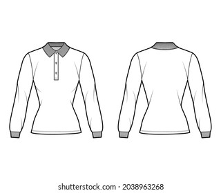 Shirt polo fitted technical fashion illustration with long sleeves, tunic length, henley button neck, flat knit collar. Apparel top outwear template front, back white color style. Women men unisex CAD