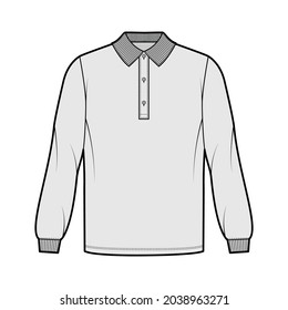 Shirt polo oversized technical fashion illustration with long sleeves, tunic length, henley button neck, flat knit collar. Apparel top outwear template front, grey color style. Women men CAD mockup