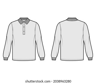 Shirt polo oversized technical fashion illustration with long sleeves, knit cuff, henley button collar. Apparel top outwear template front, back, grey color style. Women, men, unisex CAD mockup