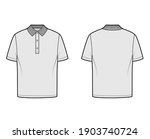 Shirt polo technical fashion illustration with short sleeves, tunic length, henley neck, oversized, flat knit collar. Apparel top outwear template front, back, grey color. Women men unisex CAD mockup