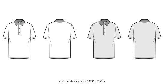 Shirt polo technical fashion illustration with short sleeves, tunic length, henley neck, oversized, flat knit collar. Apparel top outwear template front, back, white, grey color. Women men CAD mockup