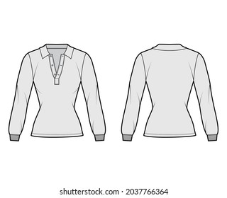 Shirt polo technical fashion illustration with long sleeves, tunic length, open henley neck, slim fit, flat collar. Apparel top outwear template front, back, grey color. Women, men, unisex CAD mockup