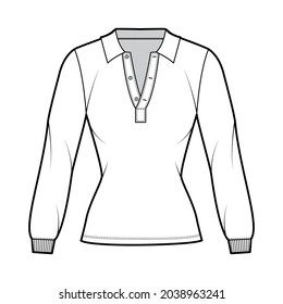 Shirt polo technical fashion illustration with long sleeves, tunic length, open henley neck, slim fit, flat collar. Apparel top outwear template front, white color style. Women men CAD mockup