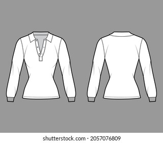 Shirt Polo Technical Fashion Illustration With Long Sleeves, Tunic Length, Open Henley Neck, Slim Fit, Flat Collar. Apparel Top Outwear Template Front, Back, White Color Style. Women Men CAD Mockup
