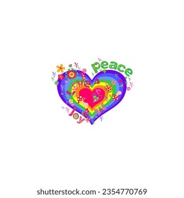 Shirt print with colorful heart shape in rainbow colors, flower-power, fly agaric and peace, love and joy words on white background for hippie poster, fashion textile design