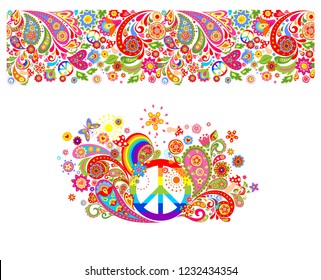 Shirt print with hippie peace symbol with vintage colorful flowers pattern, seamless border and rainbow