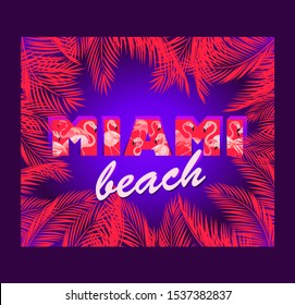 Shirt print with hot pink palm leaves frame and Miami beach lettering with pink flamingo on neon violet background