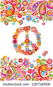 Shirt print on white background with colorful floral summery border and hippie peace flowers symbol