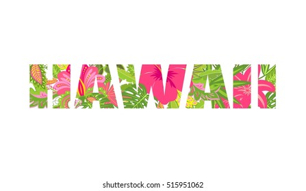 Shirt print with tropical leaves and flowers lettering Hawaii