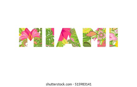 Shirt print with tropical leaves and flowers lettering Miami