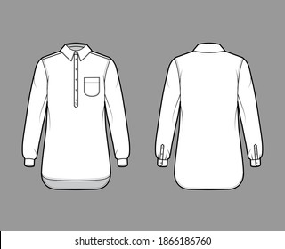 Shirt pullover technical fashion illustration with rounded pocket, long sleeves, relax fit, half placket button down, regular collar. Flat template front, back white color. Women men top CAD mockup