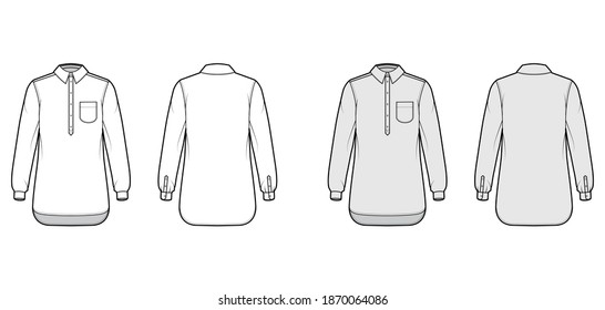 Shirt pullover technical fashion illustration with rounded pocket, long sleeves, relax fit, half placket button down, regular collar. Flat template front, back white, grey color. Women men CAD mockup