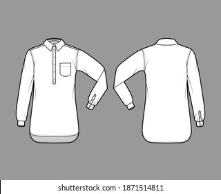 Shirt pullover technical fashion illustration with rounded pocket, elbow fold long sleeve, oversized, half placket button down. Flat template front, back white color. Women men top CAD mockup