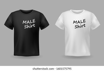 Shirt realistic. Textile realistic male black and white t-shirts with print sport text isolated vector sport outfit advertising product 3d mockups