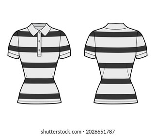 Rugby Stripes-technische Modegrafik mit kurzen Ärmeln, Tunika, Einbaukörper, Posaunenkragen. Obere Outwear-Vorder, Rückseite, grauer Farbstil. Frauen, Männer, unisex CAD-Modell nach oben