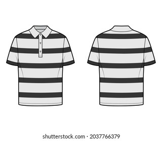 Shirt rugby stripes technical fashion illustration with short sleeves, tunic length, oversized body, henley collar. Apparel outwear template front, back, grey color style. Women men, unisex CAD mockup