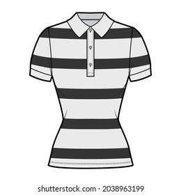 Shirt rugby stripes technical fashion illustration with short sleeves, tunic length,, fitted body, henley polo collar. Apparel outwear template front, grey color. Women, men, unisex CAD mockup
