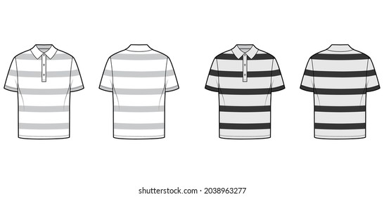 Shirt rugby stripes technical fashion illustration with short sleeves, tunic length, oversized, henley collar. Apparel top outwear template front, back, white, grey color. Women men, unisex CAD mockup