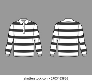 Shirt rugby technical fashion illustration with long sleeves, tunic length, henley neck, oversized, flat collar. Apparel top outwear template front, back, white color. Women men unisex CAD mockup