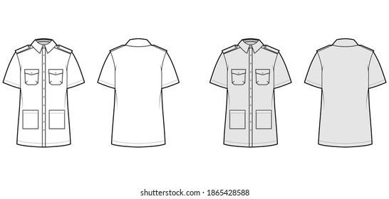 Shirt safari technical fashion illustration with short sleeves, flaps and patch pockets, relax fit, epaulettes, button-down, collar. Flat template front back white grey color. Women men top CAD mockup