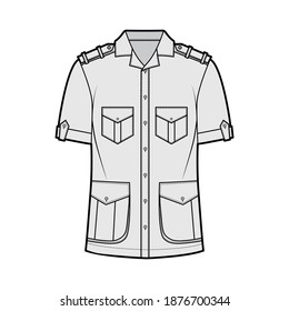 Shirt safari technical fashion illustration with short sleeves, flaps pockets, relax fit, button-down, epaulettes, open collar. Flat template front, grey color. Women men top CAD mockup