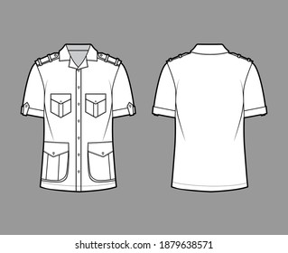 Shirt safari technical fashion illustration with short sleeves, flaps pockets, relax fit, button-down, epaulettes, open collar. Flat template front, back white color. Women men top CAD mockup